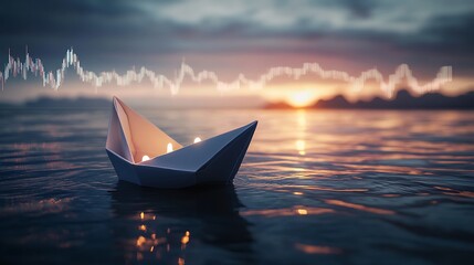 Paper Boat on Water, Sunset, Chart