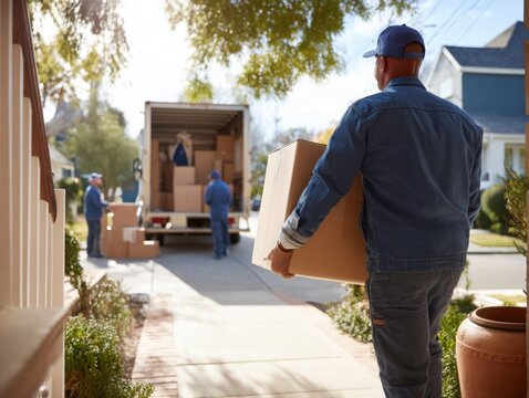 Efficient movers unloading boxes from a truck in a suburban neighborhood, symbolizing relocation and new beginnings. Ideal for moving services, real estate, and home improvement ads.