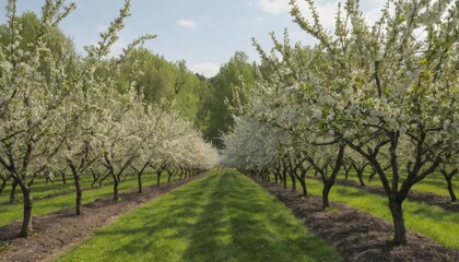 Naklejka premium Blossoming Fruit Tree Orchard with White Flowers in a Serene Green Landscape Under a Clear Blue Sky