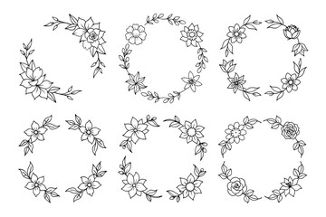 Obraz premium Floral Flower Wreath Set, Circular Frames with Leaves, Outlined, Black and White