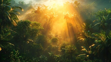 Dense Tropical Jungle Landscape With Golden Rays Slashing Through Moisture-Heavy Air, Cinematic Explorer Vibe