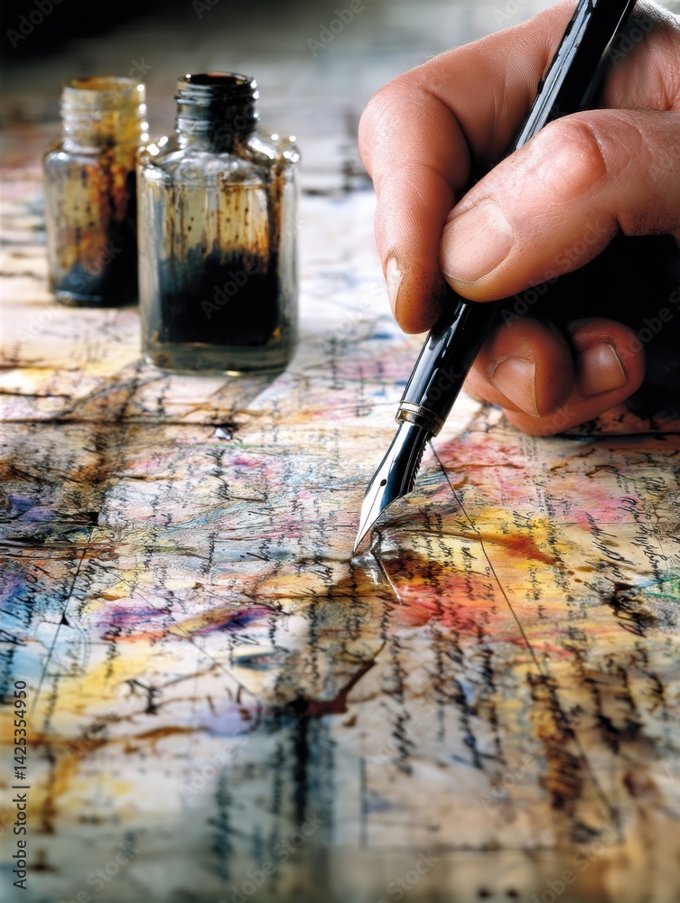 Poster handwriting and exploration come together on an oil-stained map showing the art of navigation