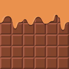 Chocolate Bar with Melting Caramel Border. Sweet Choco Background. 
