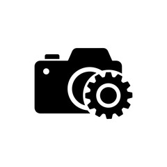 Camera lens with gear icon inside representing technical content creation processes