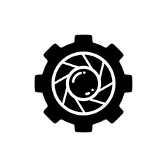 Camera lens inside a gear highlighting technical content creation with visual tools