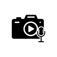 Camera with play button and microphone depicting multimedia content creation