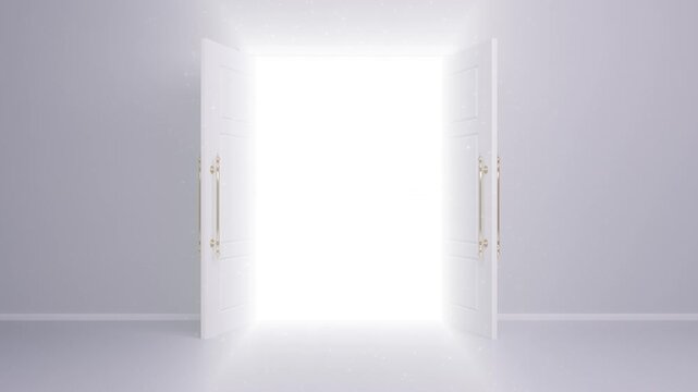 両扉が開いて閉じる光の中に入っていくアニメーション