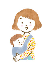 抱っこ紐で赤ちゃんを抱っこする笑顔の母親の手描きイラスト