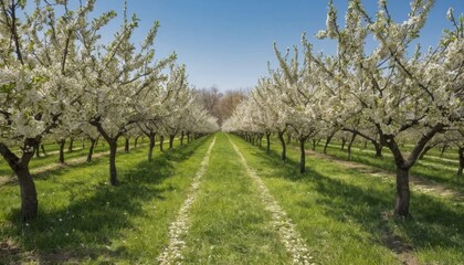 Serene Blossom Orchard Pathway Surrounded by Vibrant White Flowers Under Clear Blue Sky with Lush Green Grass