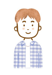 チェック柄のシャツを着た男性の上半身イラスト（手描き風・笑顔）