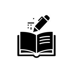Open book icon with digital pen above symbolizing writing and online publications