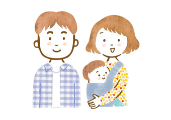 赤ちゃんを抱っこする母親と父親の家族イラスト（上半身）