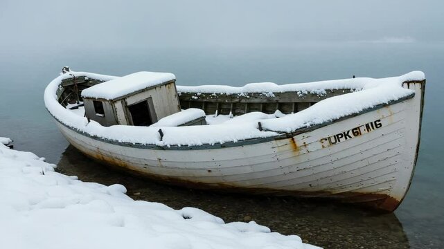 Abandoned fishing boat covered in snow on a tranquil lake, surrounded by a foggy winter landscape - pictures of snowfall
