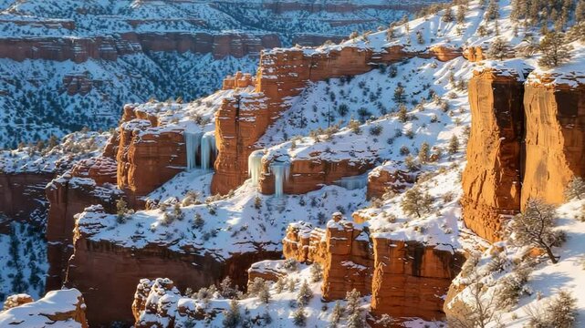 Majestic winter landscape showcasing snow-covered red rock formations and frozen waterfalls at sunrise - pictures of snowfall