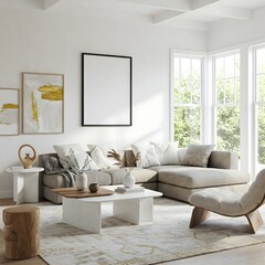 Frame mockup, ISO A paper size. Living room wall poster mockup. Interior mockup with house background. Modern interior design. 3D render