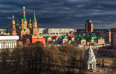 Top view on the Kremlin Tower copy from the Moscow and Cathedral of the Annunciation of the Holy Virgin Mary. Archangel sloboda and Square of the Holy Virgin Mary, Yoshkar-Ola city.