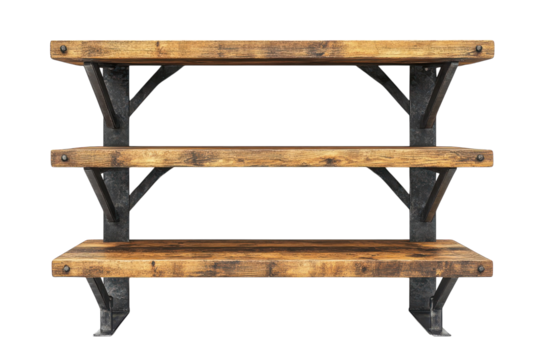 Rustic three tiered wooden shelf with industrial metal brackets perfect for farmhouse or industrial style decor showcasing on transparent background