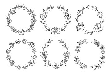 Obraz premium Six Decorative Flower Wreaths Outlines with Flowers and Leaves on Transparent Background