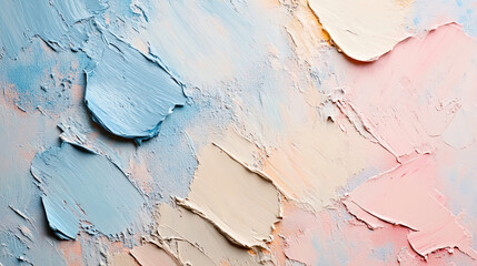 Fototapeta premium A dreamy abstract background with soft paint spots in pale blue, beige, and light pink. Muted pastel tones create a delicate, artistic texture perfect for designs, wallpapers, and creative projects.