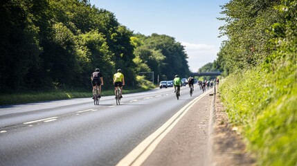 Scenic cycle path alongside busy road  cyclists enjoying smooth ride under clear skies