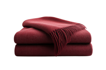 Luxurious burgundy wool throw blanket elegantly folded showcasing soft texture and rich color against a black background Perfect for adding on transparent background