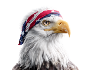 a bold bald eagle wearing a headband patterned with the American flag, strong and rebellious look, great for 4th of July or veterans day visuals on transparent background