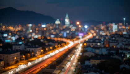 Fototapeta premium Night cityscape traffic speeds along the urban highway, a blur of car lights in motion