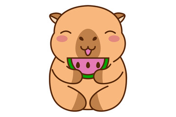 Cute capybara eating watermelon. Kawaii cartoon capybara. Mascot, logo, little animal icon. Stock vector illustration isolated on a white background.