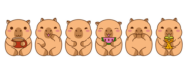 Cute capybara with bubble tea, watermelon, cup of coffee. Happy kawaii Capibara sticker clipart animal illustration. Wombat kapibara. Stock vector illustration isolated on white background.
