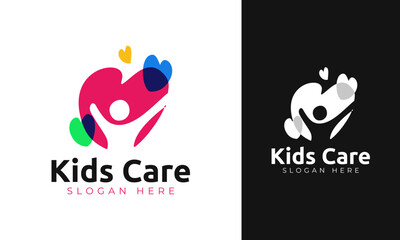 Kids care logo design. Symbol with silhouette and heart concept for child clinic
