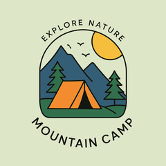 Camping Scene with Mountains, Tent and Sun Minimalist Line Art