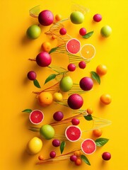 Bright Fruits Arranged in Spiral Composition Creating a DNA-like Structure on Vibrant Yellow Background