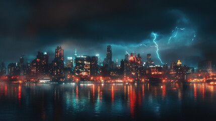 Dramatic city skyline illuminated by lightning during a stormy night over water