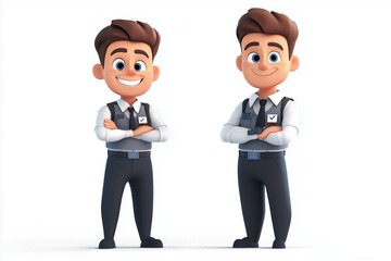 Happy smiling cartoon character business office worker robot standing on white background. 3d style employee person