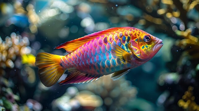 **Parrotfish Close-Up With Glowing Colors In Tropical Reef, Sunlight Piercing Water, Vibrant Texture --Ar 16:9 --S 990 --V 6.0 --Style Raw** - @Darya (Relaxed)