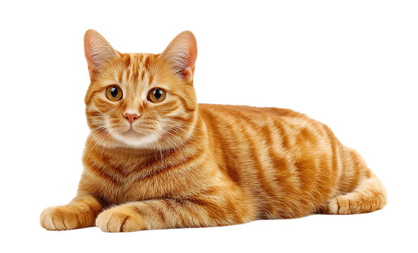 Cute ginger cat lying down,  portrait of an orange tabby shorthair house pet cat posing isolated on a transparent background