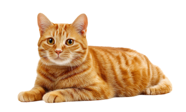 Cute ginger cat lying down,  portrait of an orange tabby shorthair house pet cat posing isolated on a transparent background