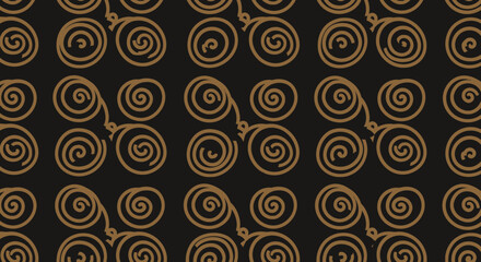 Repeating pattern of brown spiral motifs on a black background creating an ornate and slightly aged look