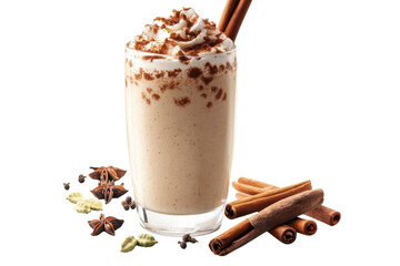 Indulge in a creamy spiced chai milkshake topped with whipped cream and cinnamon a tempting treat photographed against a stark black on transparent background