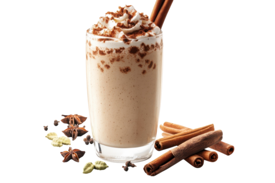 Indulge in a creamy spiced chai milkshake topped with whipped cream and cinnamon a tempting treat photographed against a stark black on transparent background