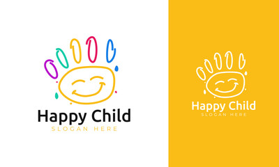 Happy child logo design. Symbol with palm colorful, line, and smile concept for kindergarten icon