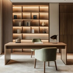 Modern workspace with warm lighting and built-in shelving