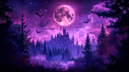Dark Halloween landscape with a haunted castle and bats in the sky at full moon at night. Halloween wallpaper background illustration in purple and black