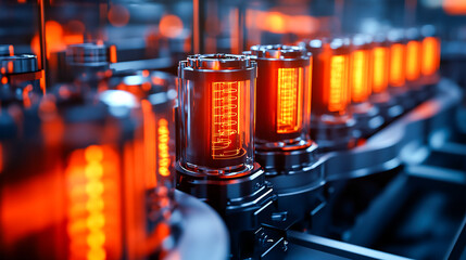 Description: A close-up view of a manufacturing line mass-producing batteries. The industrial setting emphasizes modern automation and the growing demand for efficient energy storage solutions