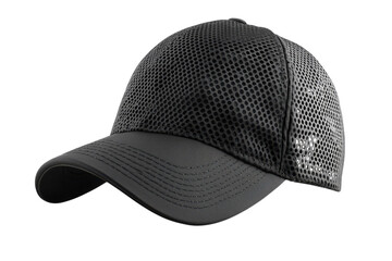 Stylish black mesh baseball cap perfect for sports or casual wear showcasing a textured design against a stark black background The on transparent background