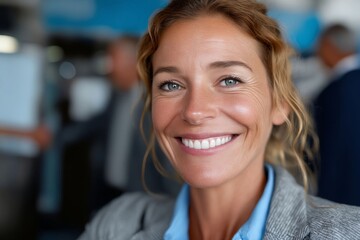 A woman in a business suit smiling at the camera