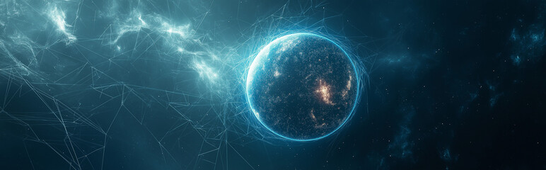 Obraz premium A glowing blue planet surrounded by energy fields and web like structures in a dark space scene