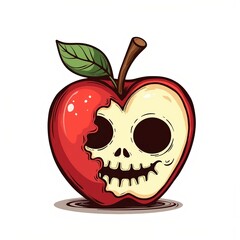 Minimalist flat vector child crayon drawing of a Poison apple with a skull face and bite mark against a plain white background