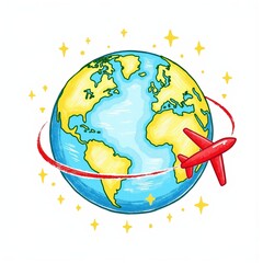Minimalist flat vector drawing of the World globe with an airplane circling around it, featuring a simple color palette on a plain white background
