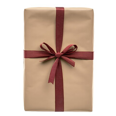Wrapped present with ribbon bow in brown paper isolated closeup